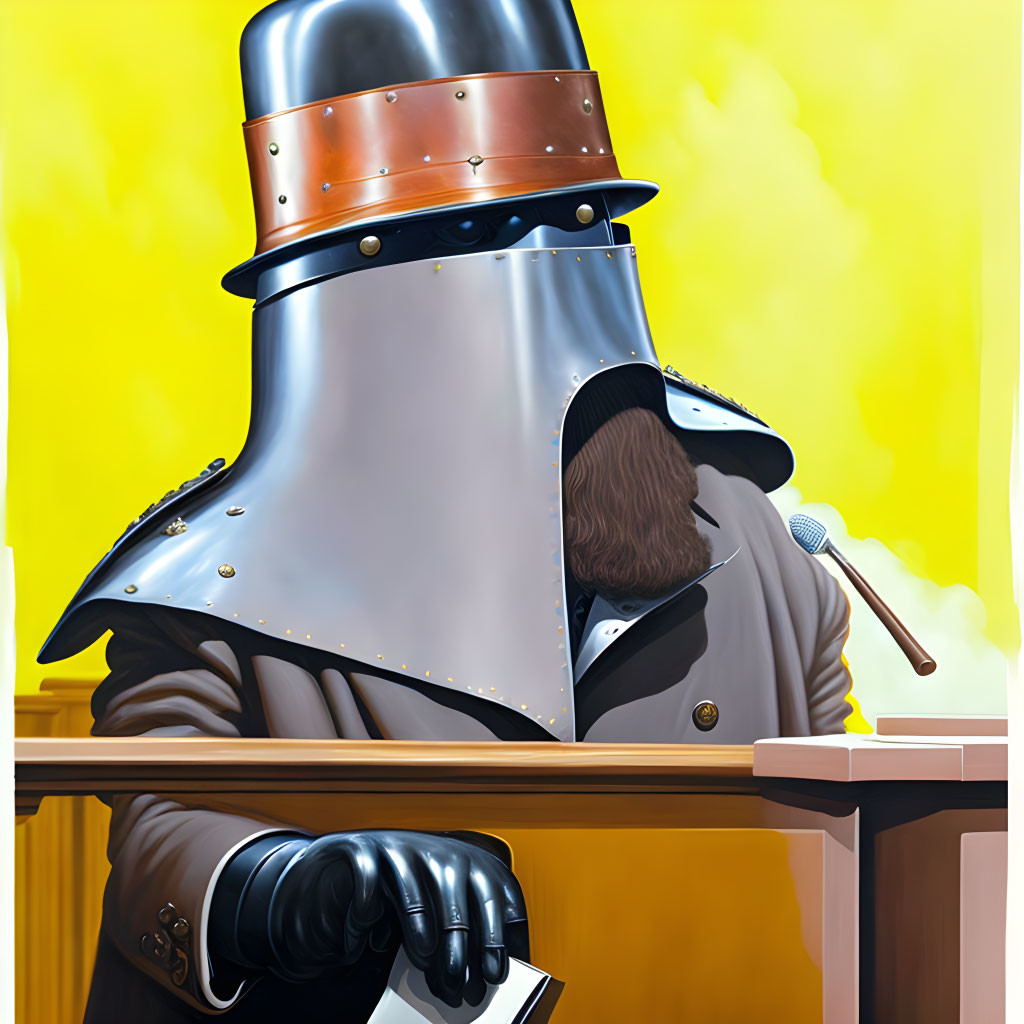 Person in Knight's Helmet with Microphone and Paper on Yellow Background