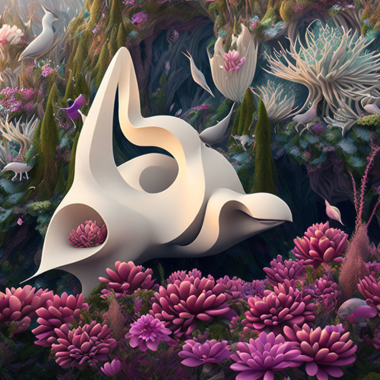 White swan sculpture surrounded by vibrant coral-like flora in fantastical scene