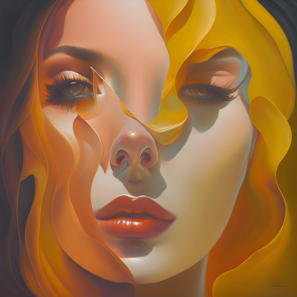 Surreal painting: Woman with amber hair and segmented face