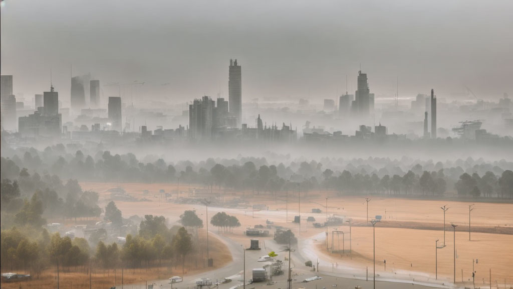 Foggy cityscape at dawn with skyscrapers and empty roads