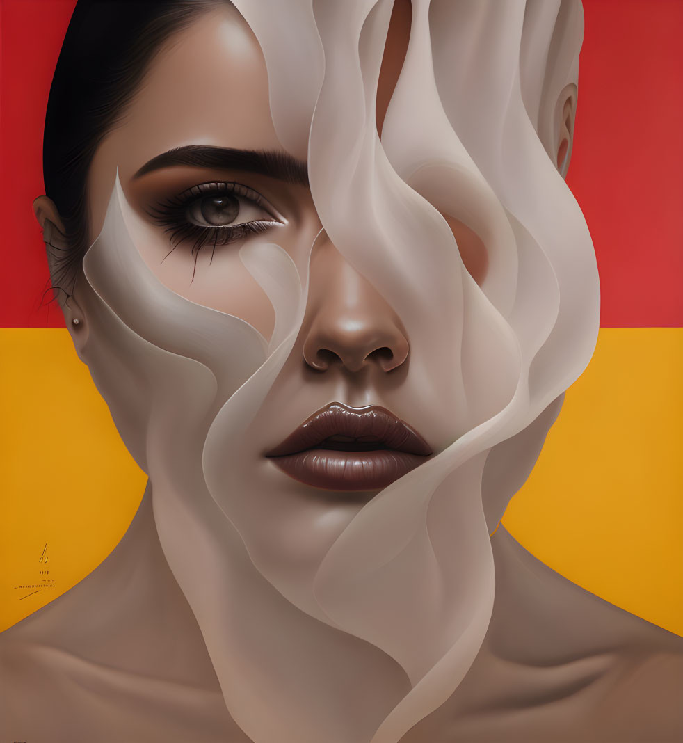 Abstract surreal portrait of woman with swirling white shapes on yellow and red backdrop