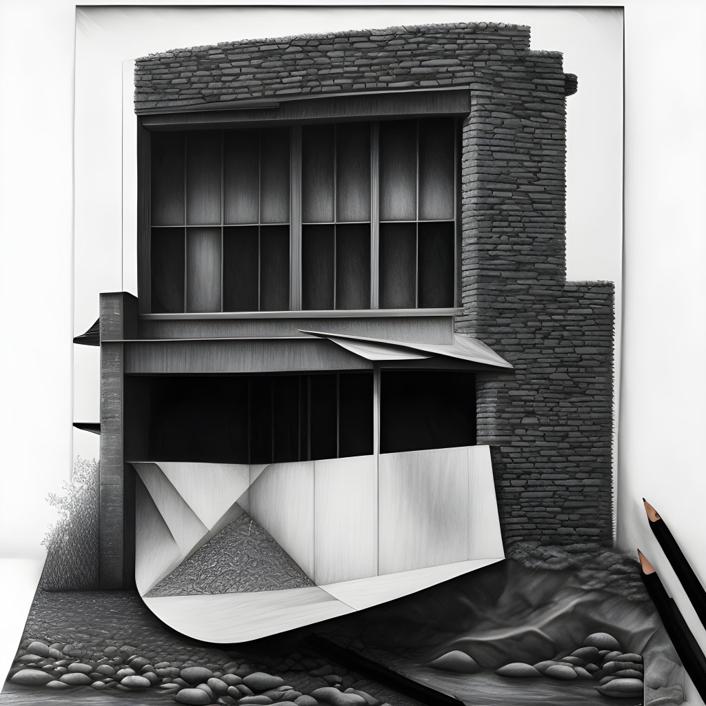 Surreal monochrome illustration of distorted building with stone texture and pencil.