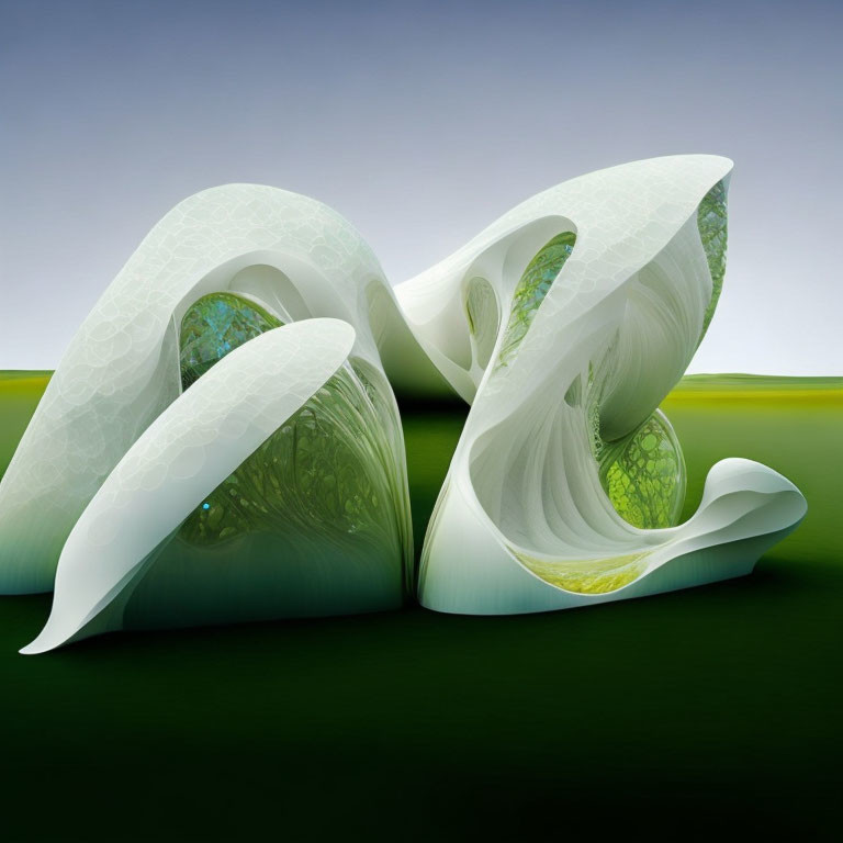 White Organic Shapes Intertwined with Green Patterns in Abstract 3D Art