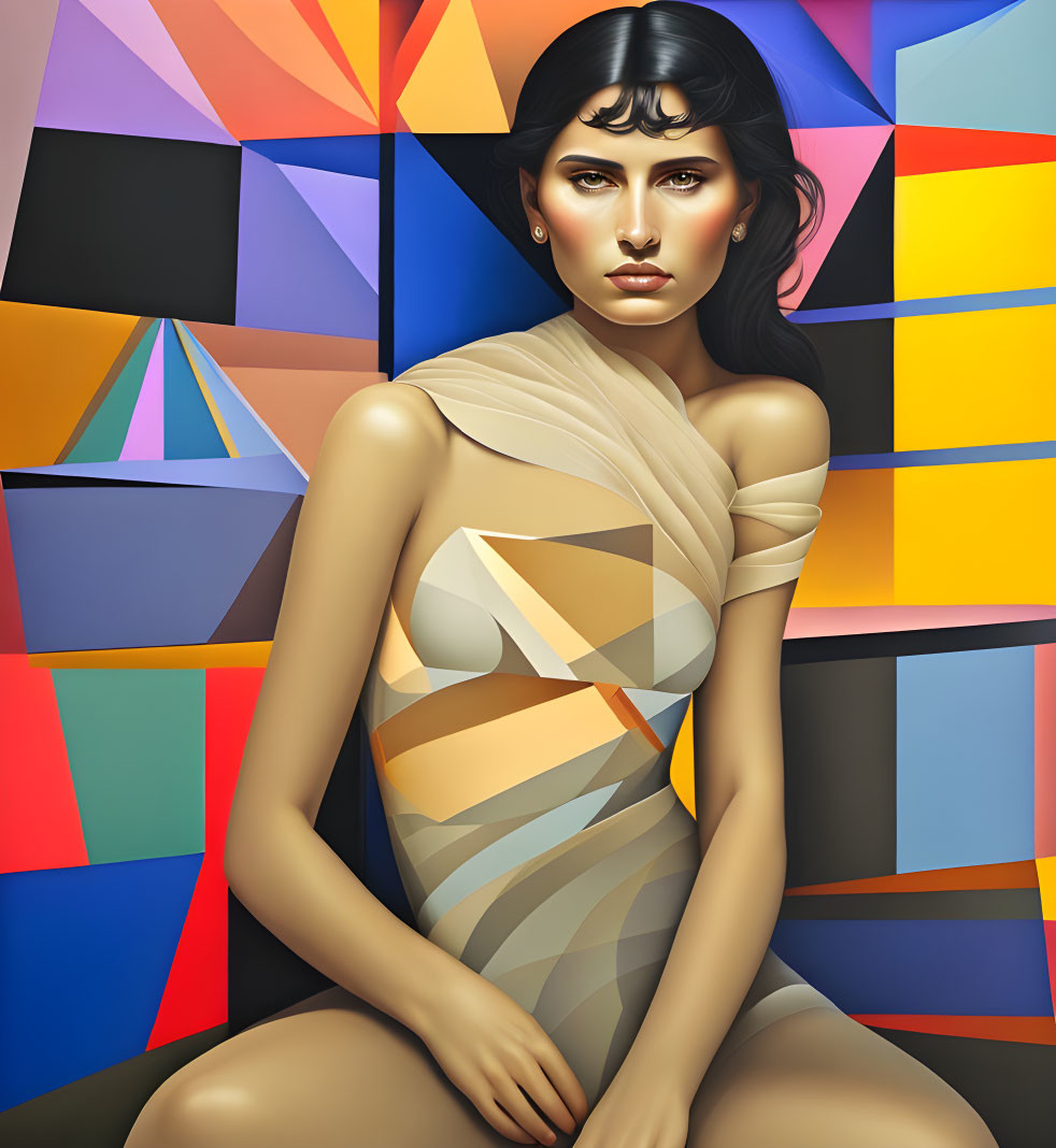 Dark-haired woman blends into vibrant geometric background