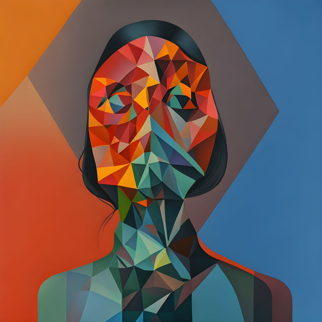 Colorful Geometric Abstract Portrait of Woman with Long Hair