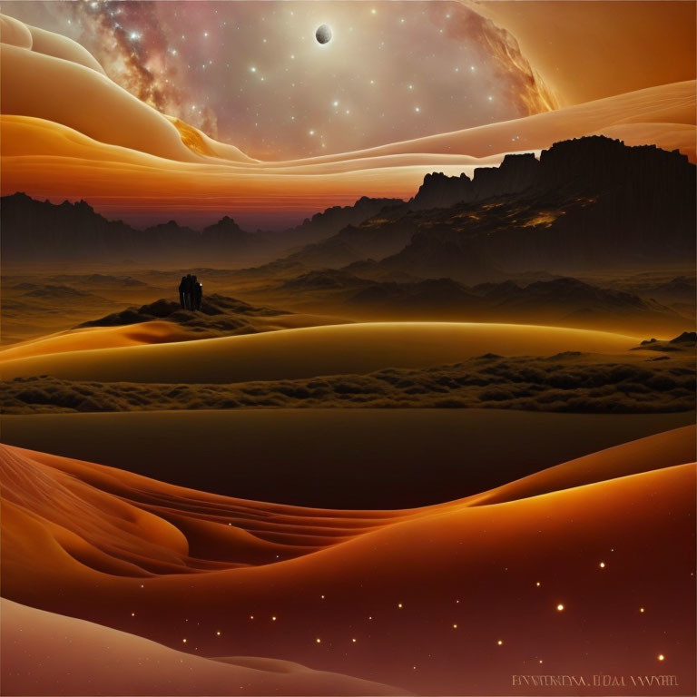 Vast Sky Over Orange Dunes with Celestial Bodies and Silhouettes