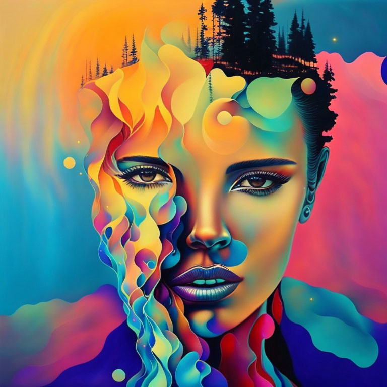 Surreal portrait of woman with nature elements and melting face