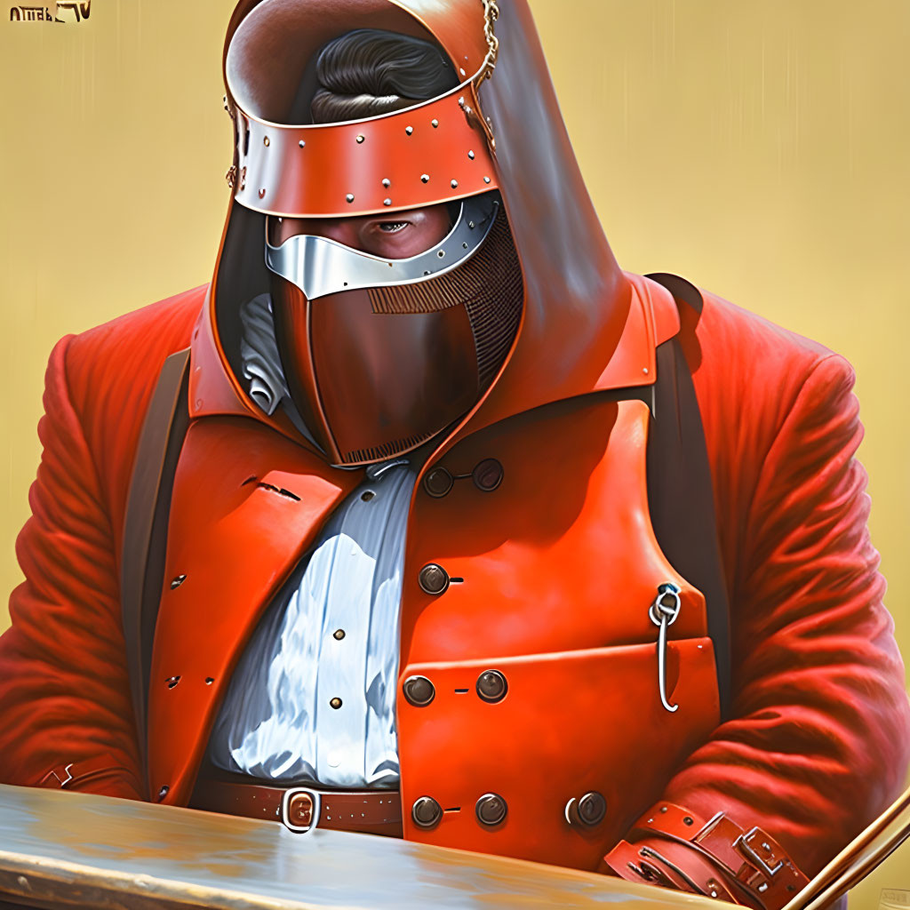 Red Medieval-Style Armor with Modern Twist: Person in Red Jacket, Silver Helmet, and Visor