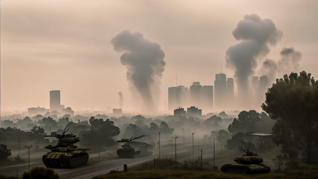 Cityscape with smoke plumes, tanks, and foggy backdrop