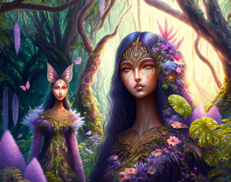 Illustration of two female fairy-like beings in lush forest with butterflies