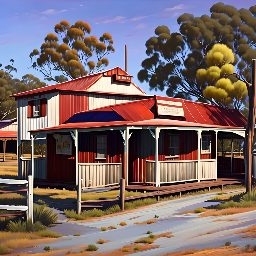 Australian Outback House with Iron Roof and Eucalyptus Trees