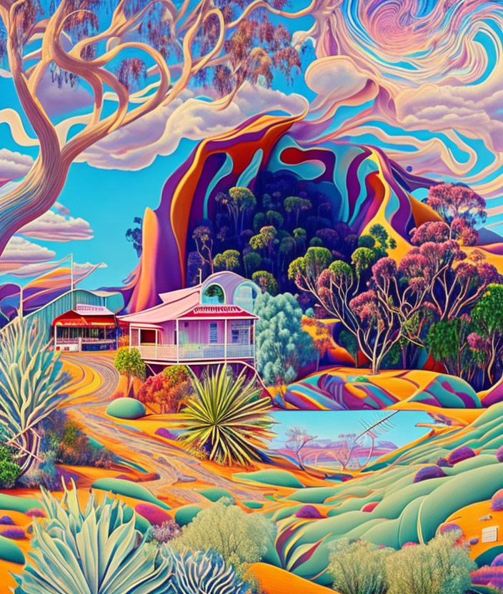 Vibrant Psychedelic Landscape with Swirling Skies