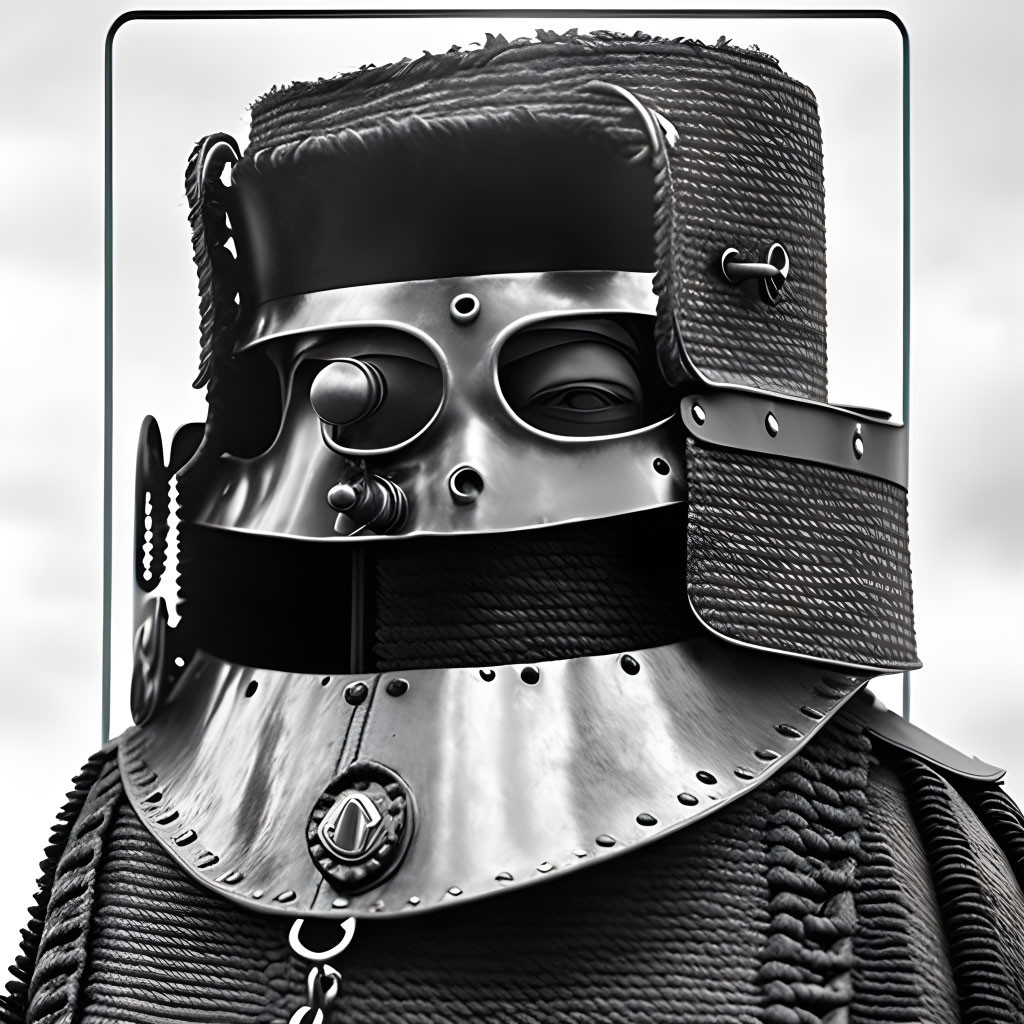 Detailed medieval knight armor with visor and chainmail on grey background