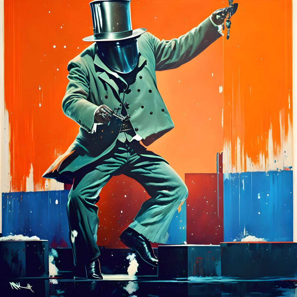 Stylized painting of person in green suit firing gun on vivid background