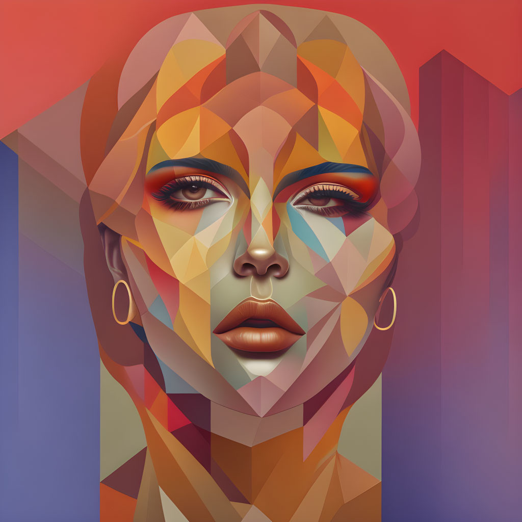 Geometric Woman's Face with Prominent Eyes and Gold Hoop Earrings