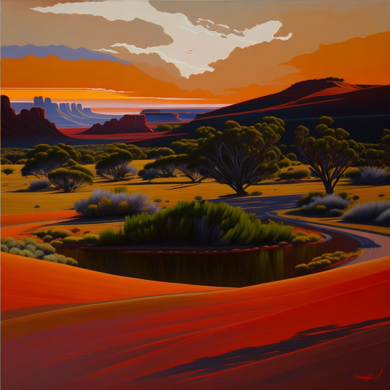 Colorful painting of desert landscape with rivers, hills, and greenery under orange sky