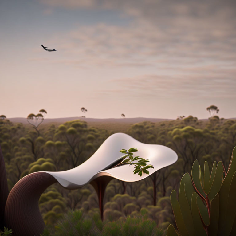 Organic structure with plant in forest, bird flying under serene sky