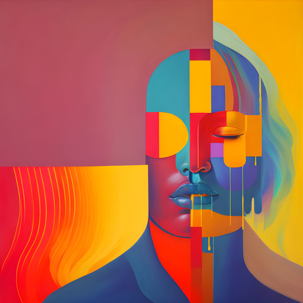 Colorful Abstract Portrait with Geometric Sections in Warm and Cool Tones