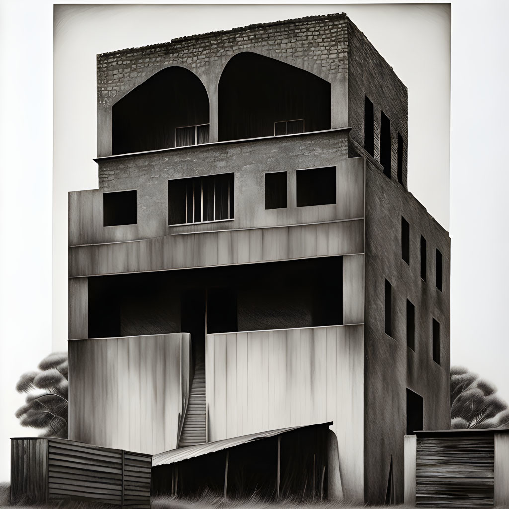 Monochromatic surreal artwork of distorted building