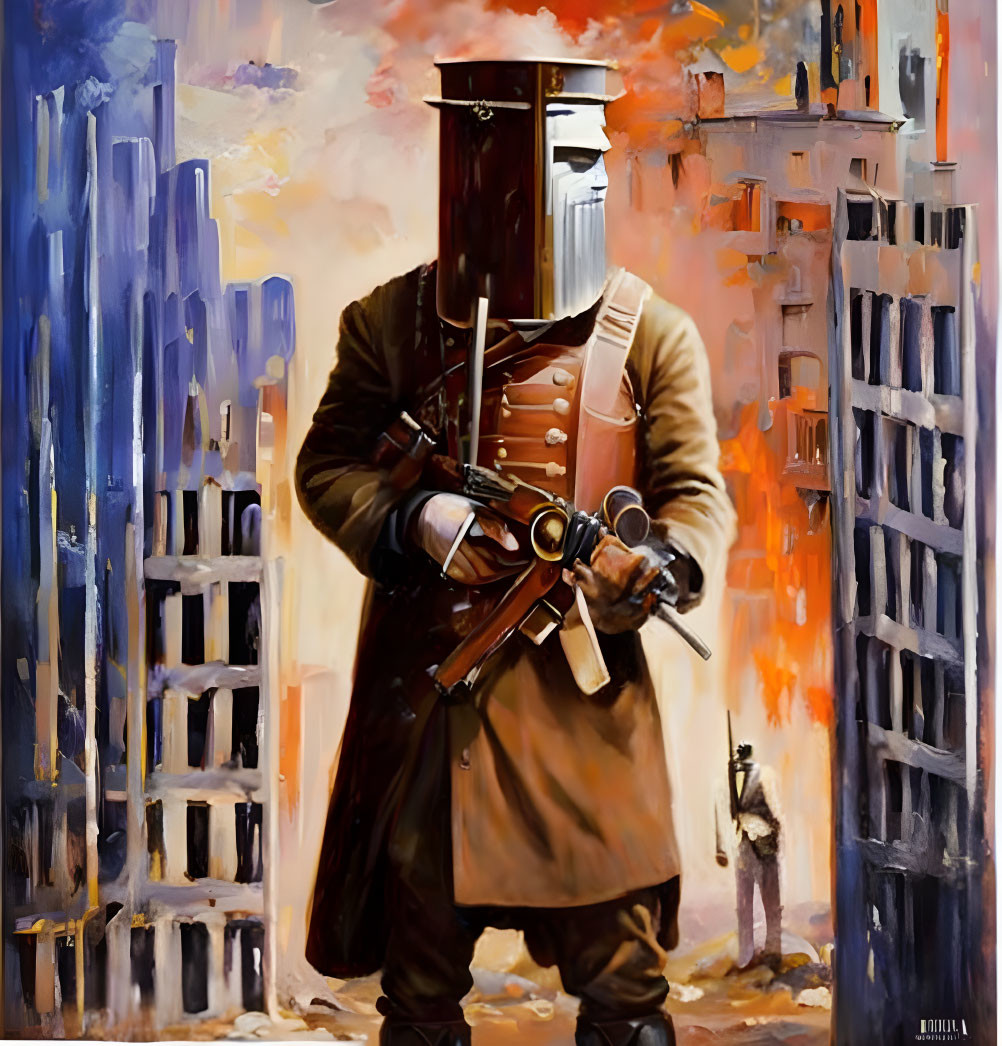 Medieval knight with modern firearms in abstract urban setting