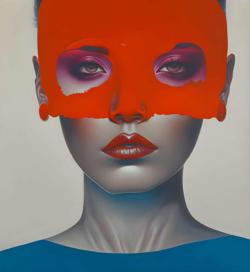 Surreal portrait of a woman with melting orange mask and blue attire