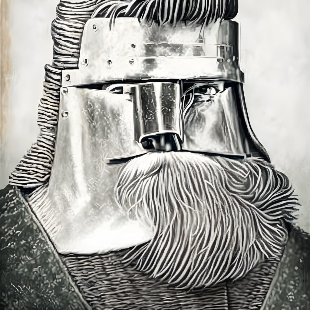 Medieval-themed artwork of a person with a grey beard wearing a helmet