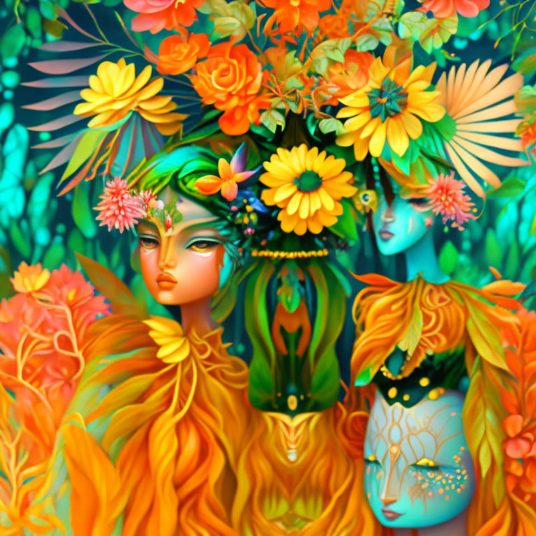 Vibrant illustration of three ethereal female figures with flowers in lush background