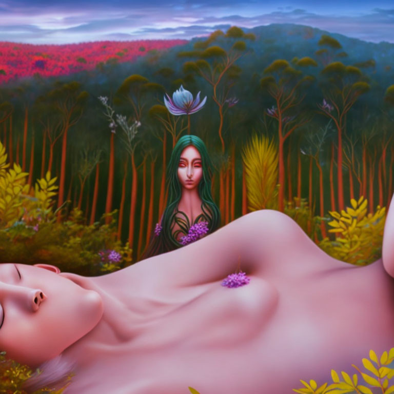 Surreal artwork: Woman merging with nature and vibrant forest backdrop