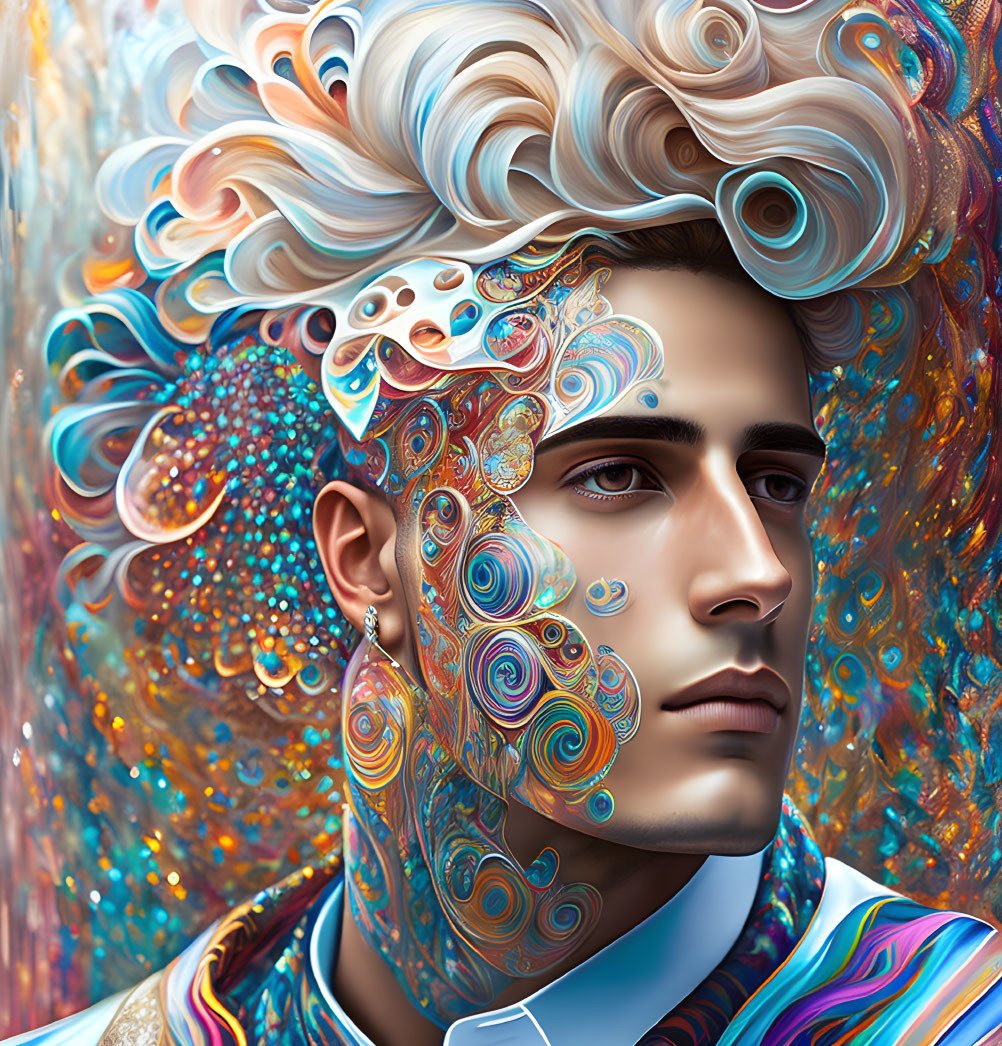 Colorful surreal portrait with swirling patterns on man's hair and skin