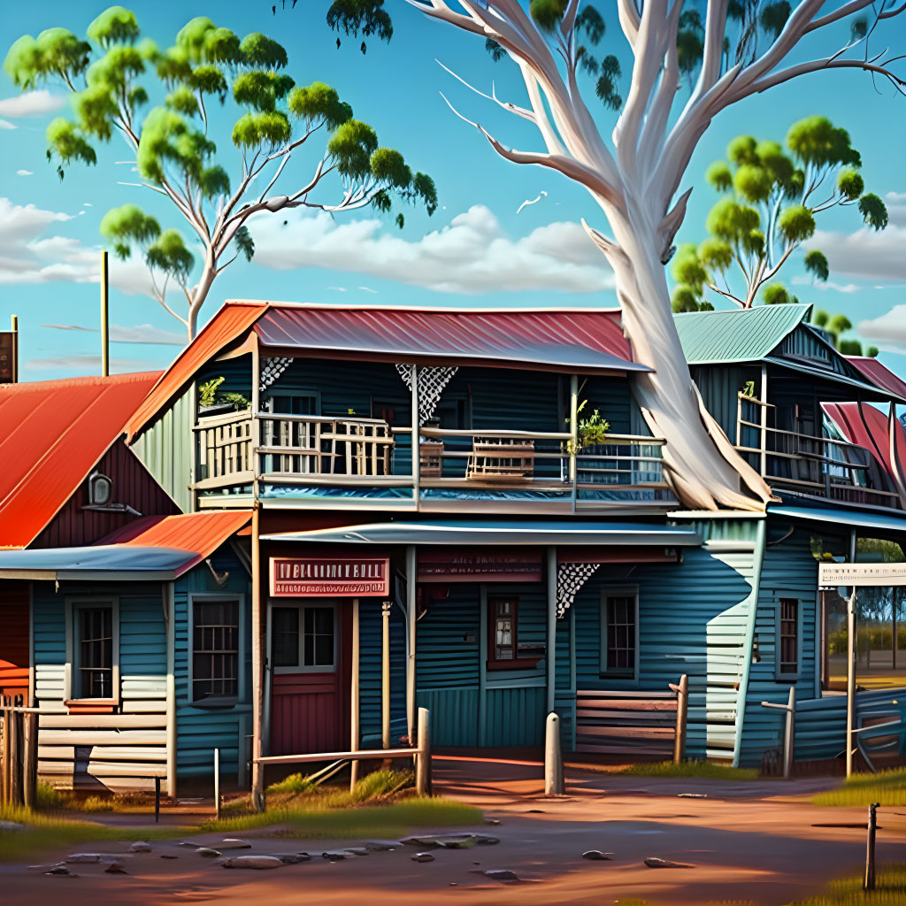 Digital artwork: Two-story wooden building with red roof and blue walls in Australian outback