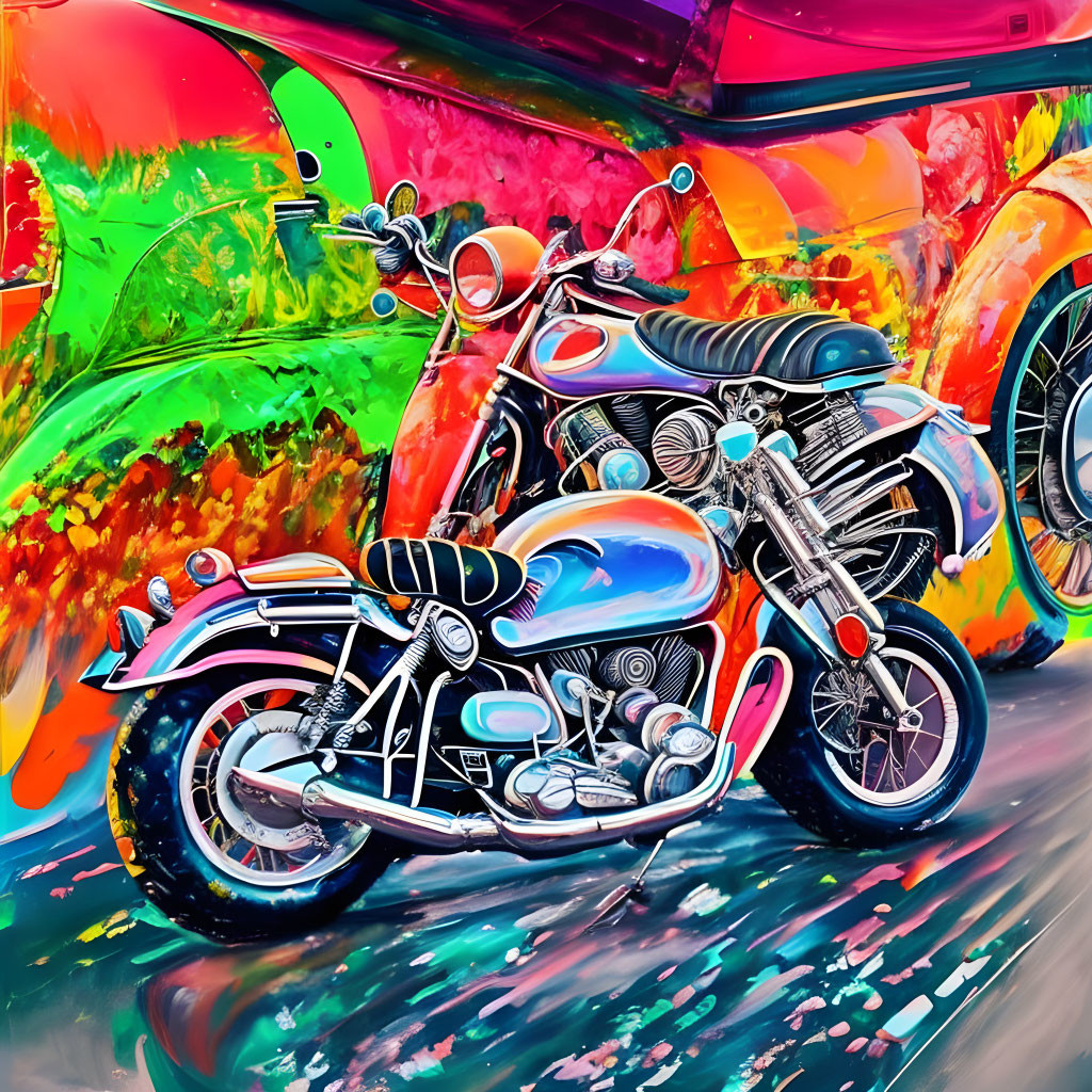 Colorful Abstract Background with Classic Motorcycle in Digital Art