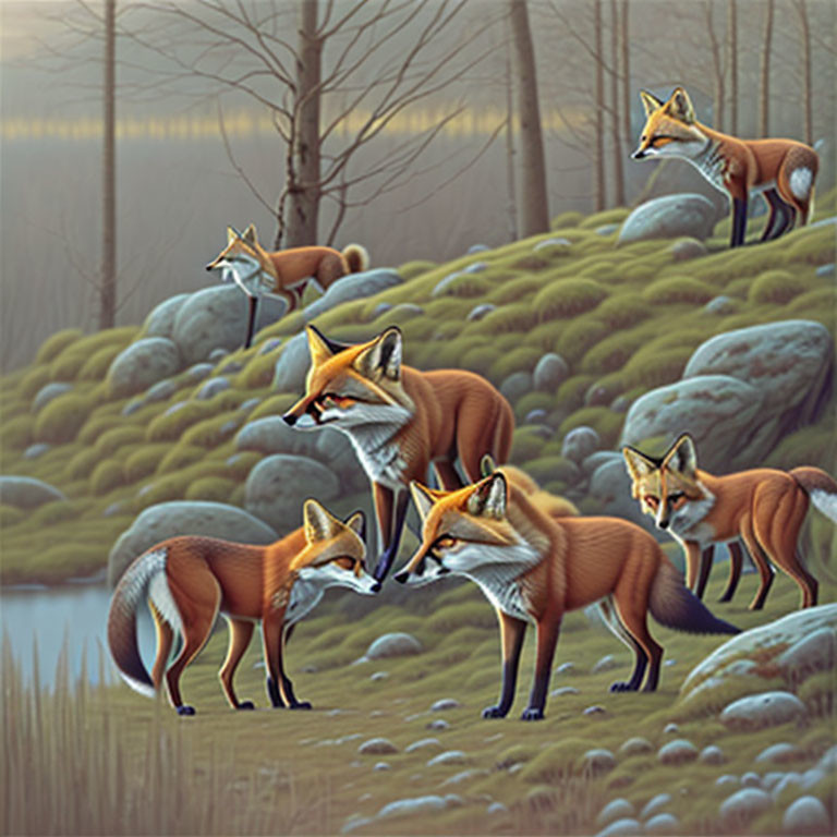 Five foxes in misty forest with dense trees and rocky terrain.