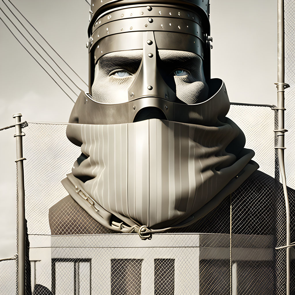 Digital Artwork: Person in Knight's Helmet with Surgical Mask, Wire Fences, Cloudy Sky