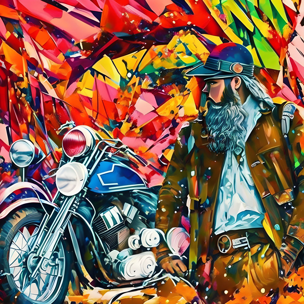 Colorful illustration: Bearded man with motorcycle