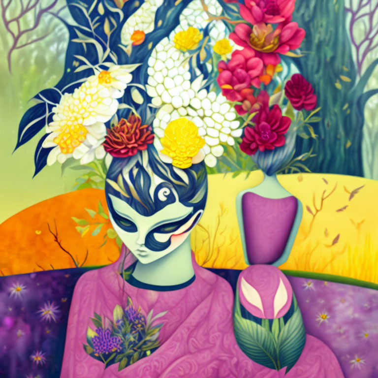 Vibrant illustration: person with floral headpiece and masquerade mask in mystical flower landscape