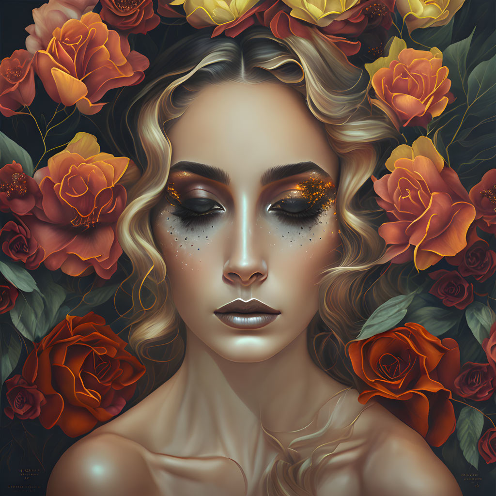 Digital illustration: Woman with red and orange roses, gold eyeshadow, and closed eyes