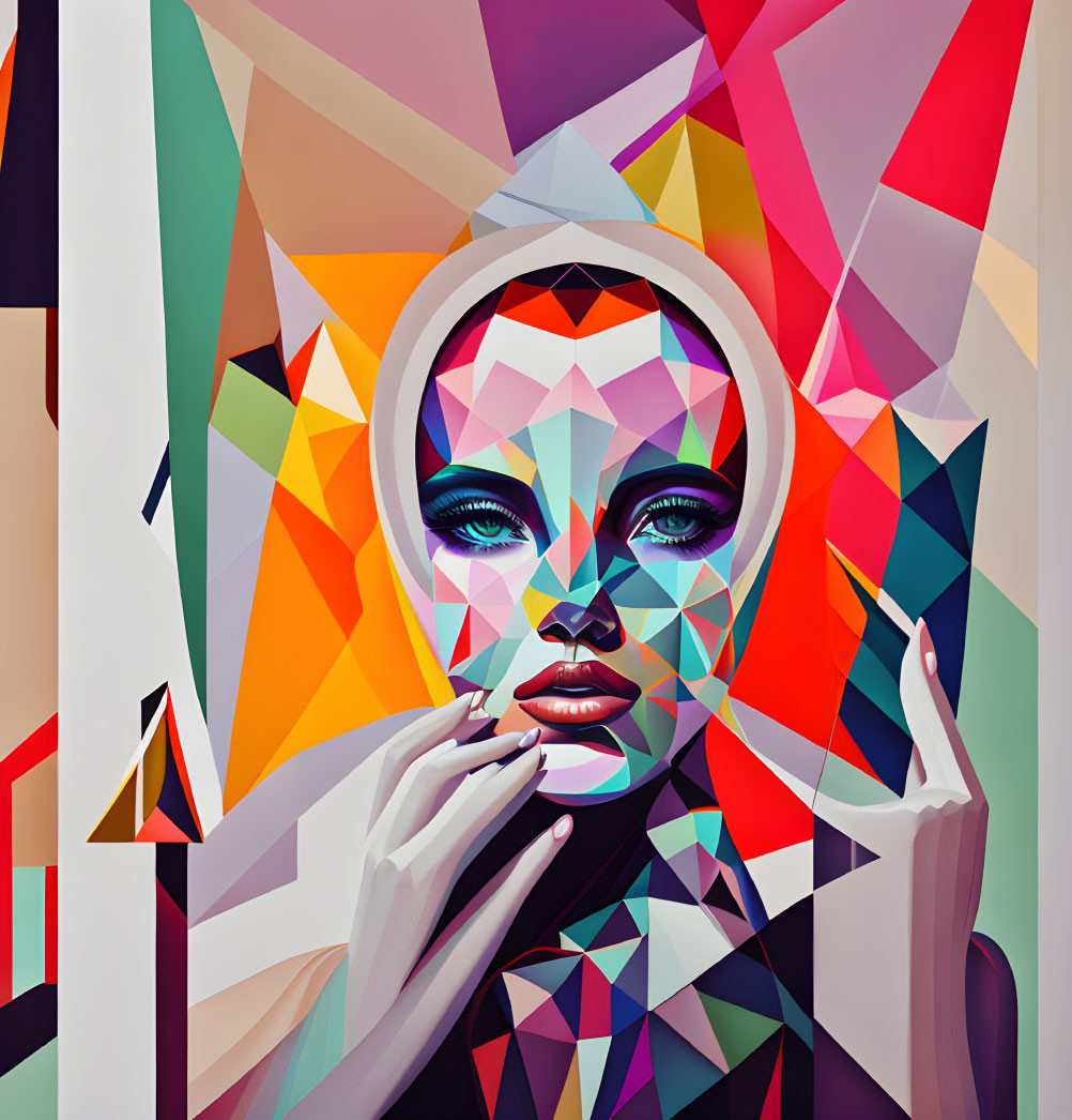 Colorful Geometric Portrait of Woman in Triangular Hood with Expressive Eyes and Hands