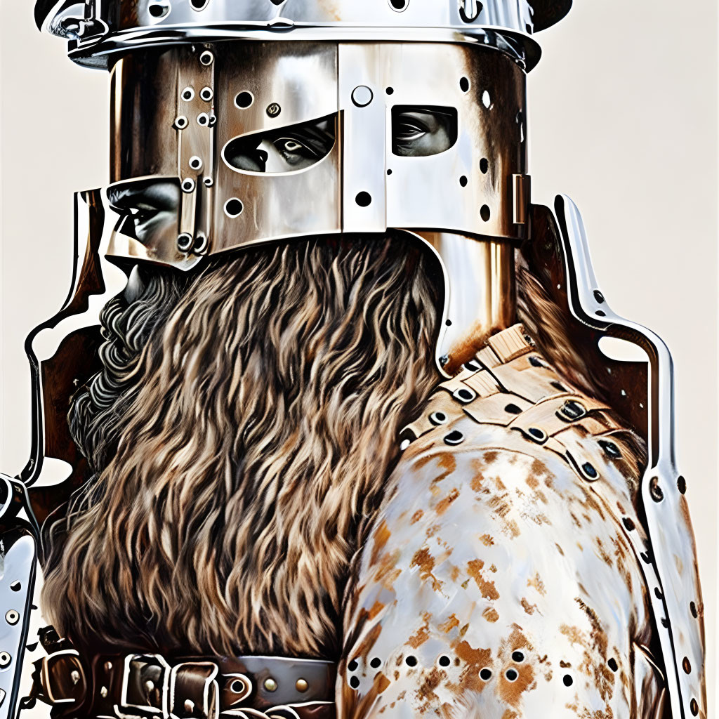 Detailed Artistic Depiction: Person in Metallic Knight's Helmet and Fur Cloak