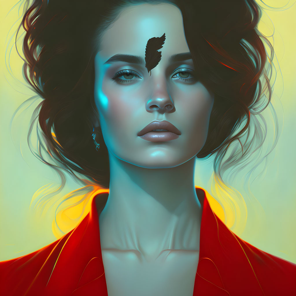 Stylized portrait of woman with flowing hair and red jacket, leaf over eye, blue light on