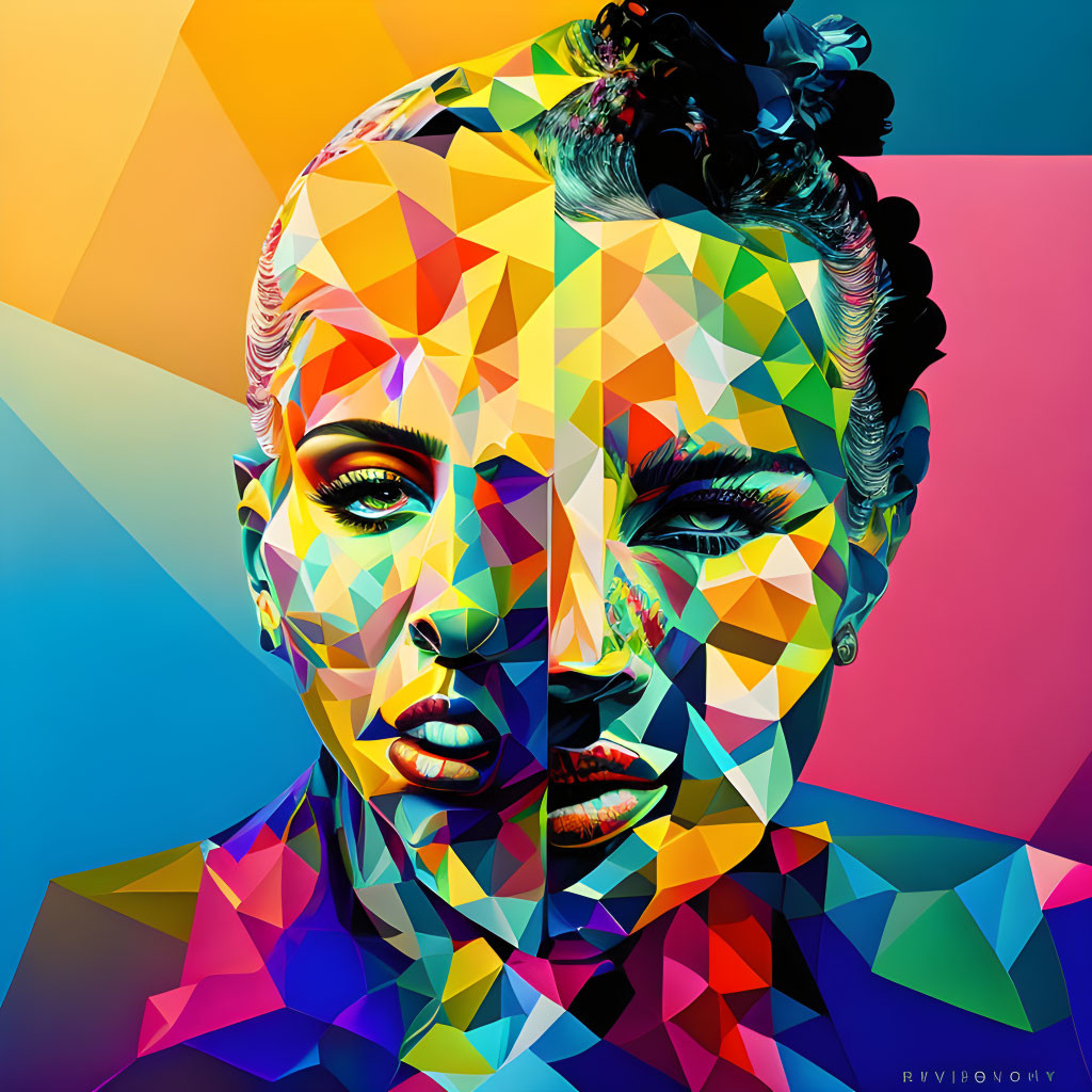 Colorful geometric patterns on woman's face in digital portrait