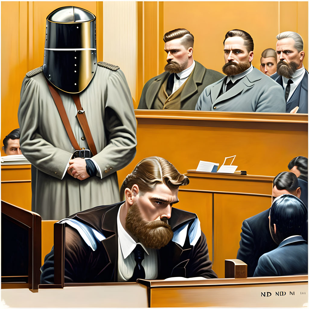 Medieval knight in armor on trial in modern courtroom scene