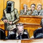 Medieval knight in armor on trial in modern courtroom scene