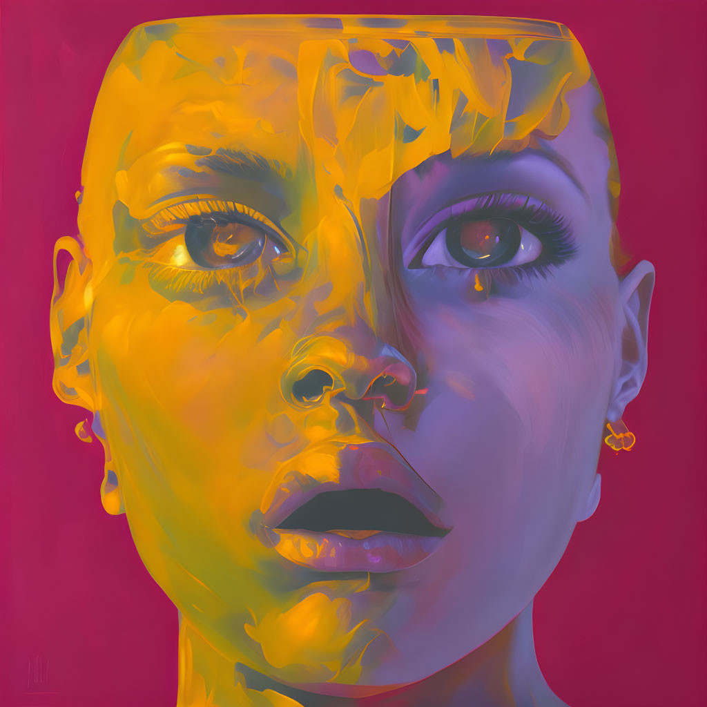 Woman's face digital art: yellow and golden hues on red background, detailed eyes, liquid-like skin