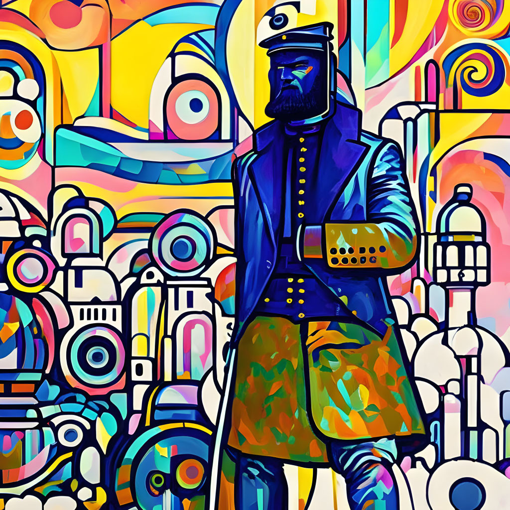 Colorful Abstract Painting: Bearded Figure in Blue Uniform on Architectural Background