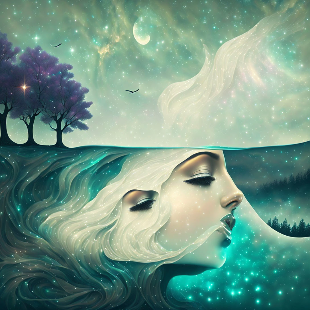 Woman's face merges with night landscape: trees, birds, stars, crescent moon.