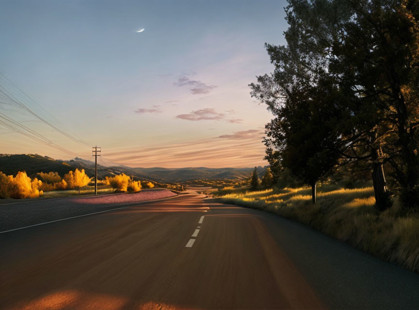 Tranquil country road at dusk with sunset glow, tree-lined path, crescent moon.