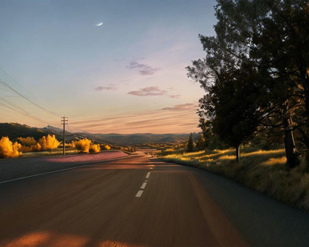 Tranquil country road at dusk with sunset glow, tree-lined path, crescent moon.