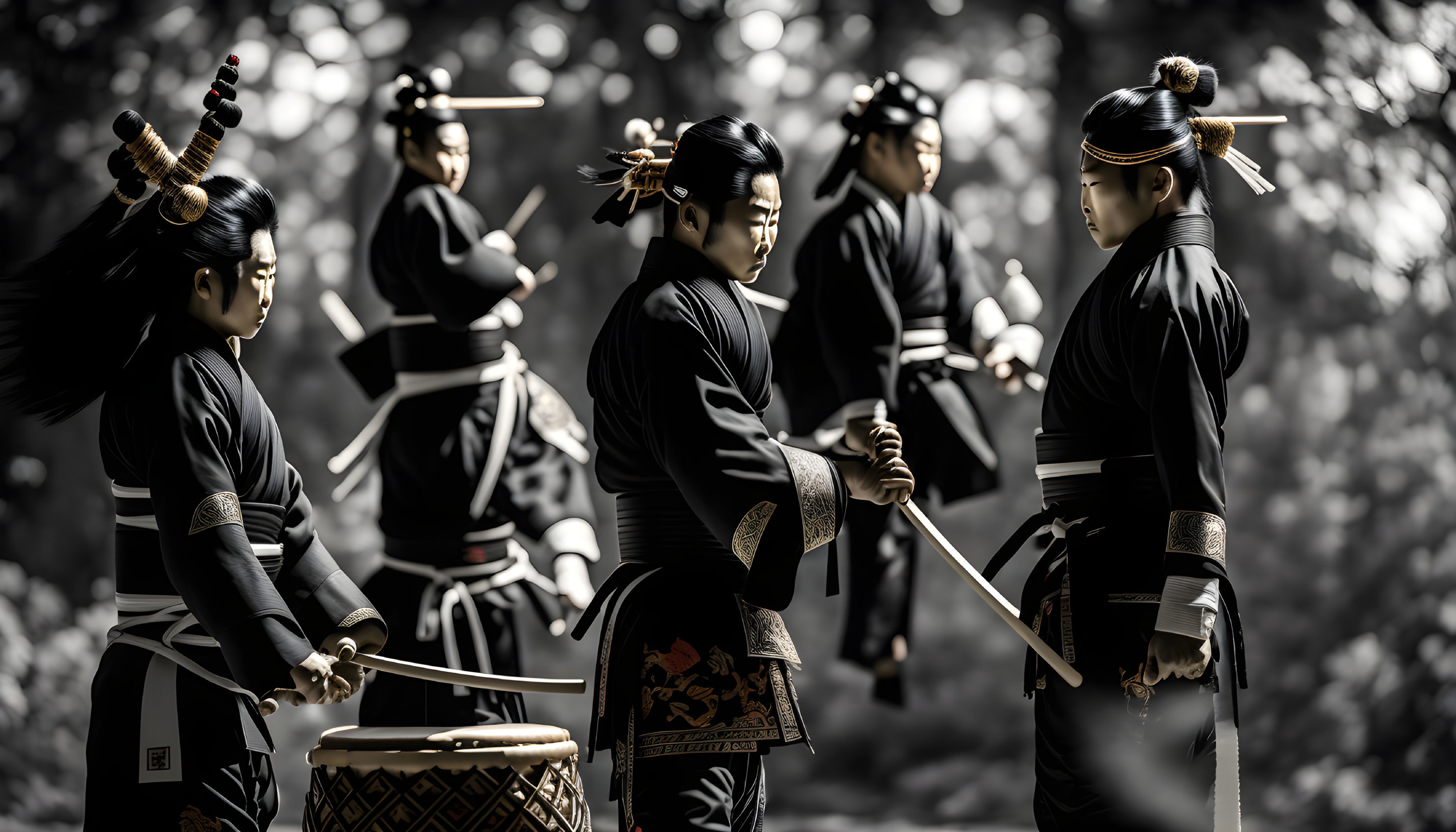 Monochrome photo of people in traditional attire practicing martial arts with swords