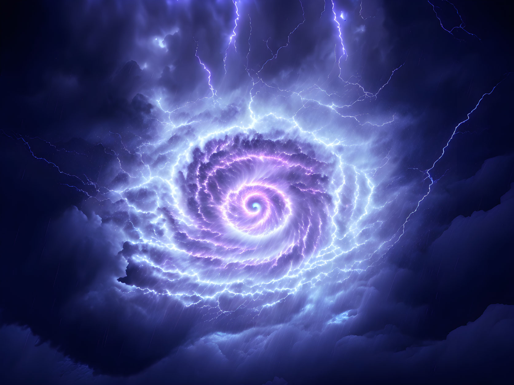 Swirling vortex with spiral pattern and lightning in dark stormy clouds