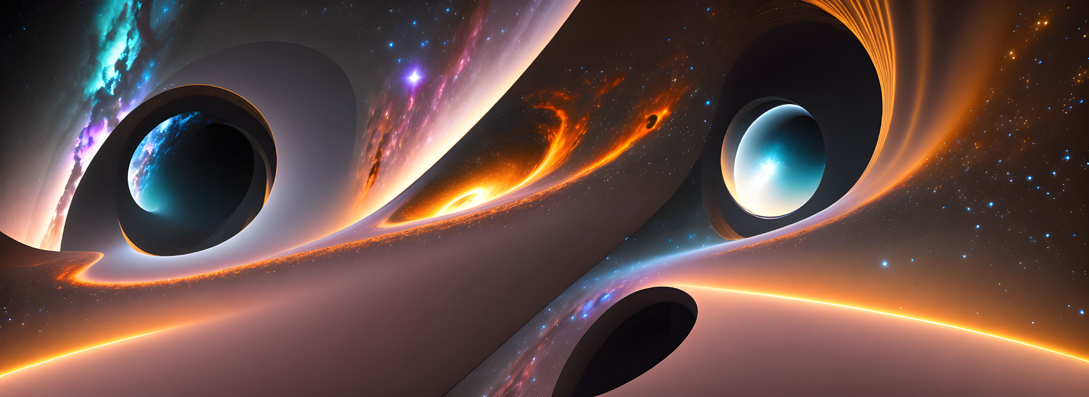 Surreal cosmic landscape with swirling black holes and galactic matter